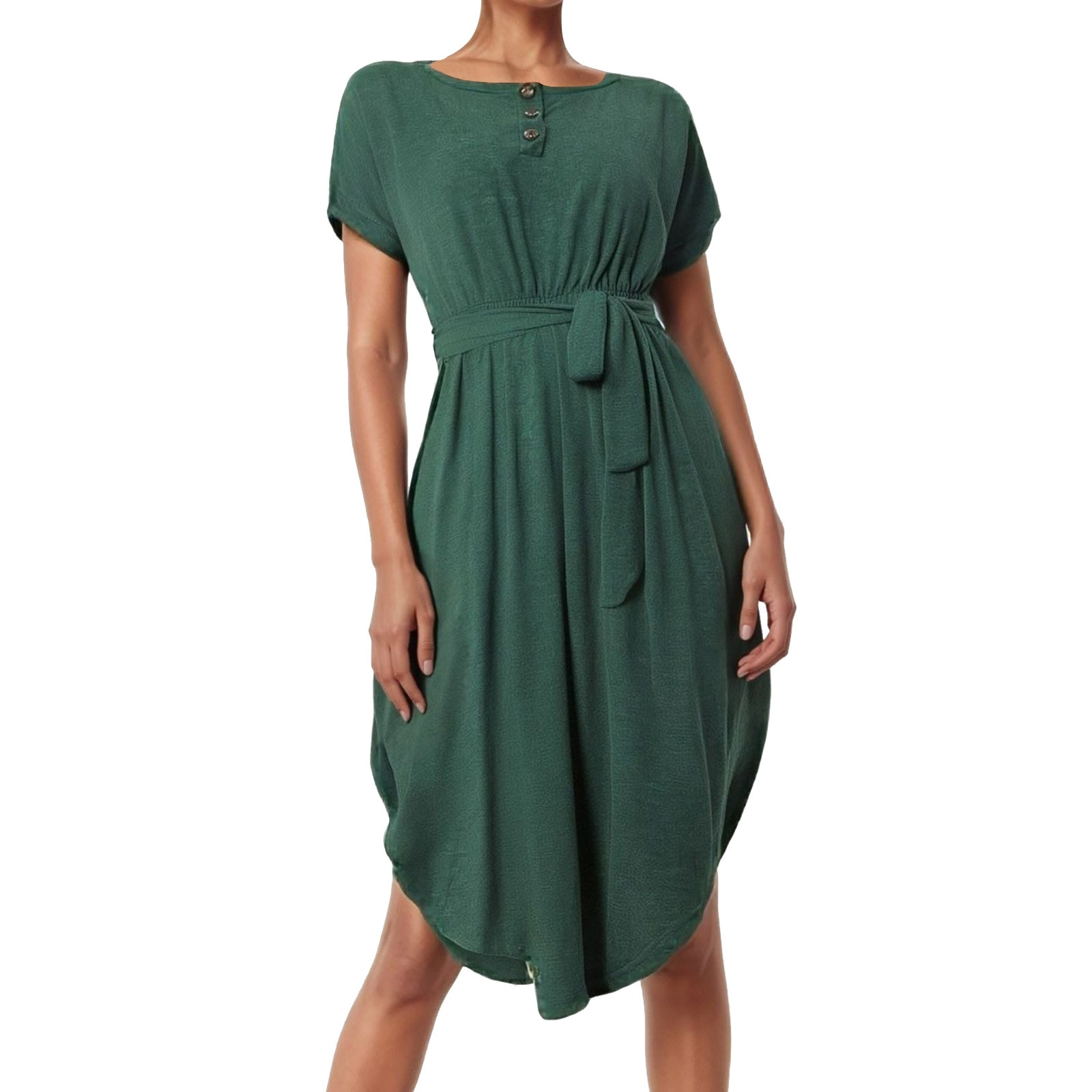 thumbnail image 1 of Vestido midi con cinturón y botones para mujer: estilo informal y fluido, tejido ligero, cinturón ajustable, apto para tres estaciones, 1 of 3